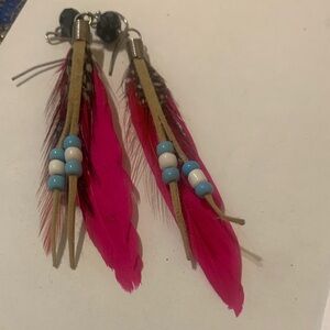 Pink Feather and Bead Earrings